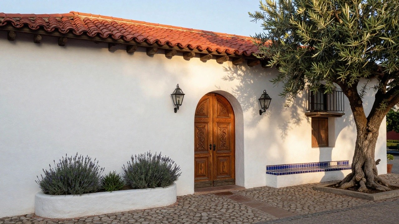 White stucco hacienda exterior with red tile roof, flanked by two olive trees, arched double wooden doors lit by wrought iron lanterns, lavender plants in curved bed, tiled bench, and pebble stone pathway.