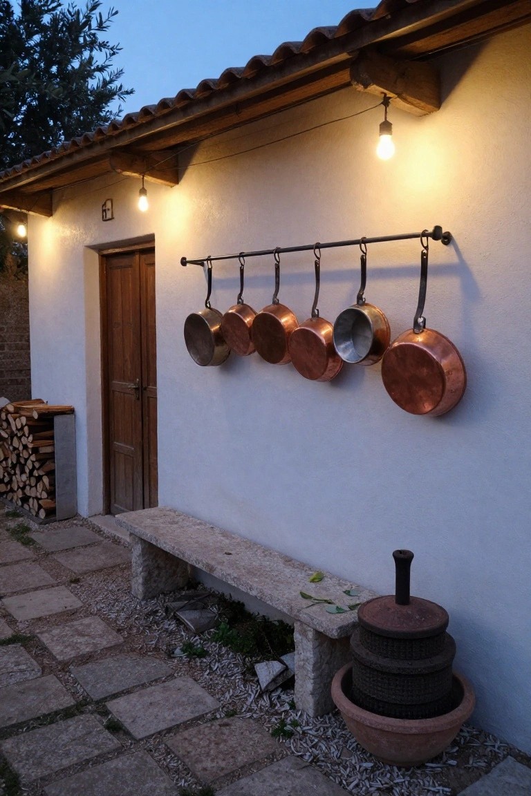 White stucco exterior wall of a house with tiled roof overhang, wooden door, row of six hanging copper pots on black iron rail, firewood stack, stone bench, rusted metal grinder on stacked bases in terracotta pot, string lights, and stone paver patio at dusk.