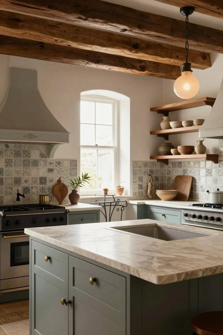 Kitchen interior with dark exposed wooden beams on the ceiling, sage green cabinets, white marble-topped island, curved gray range hood, and blue-gray patterned tile backsplash beside an arched window.