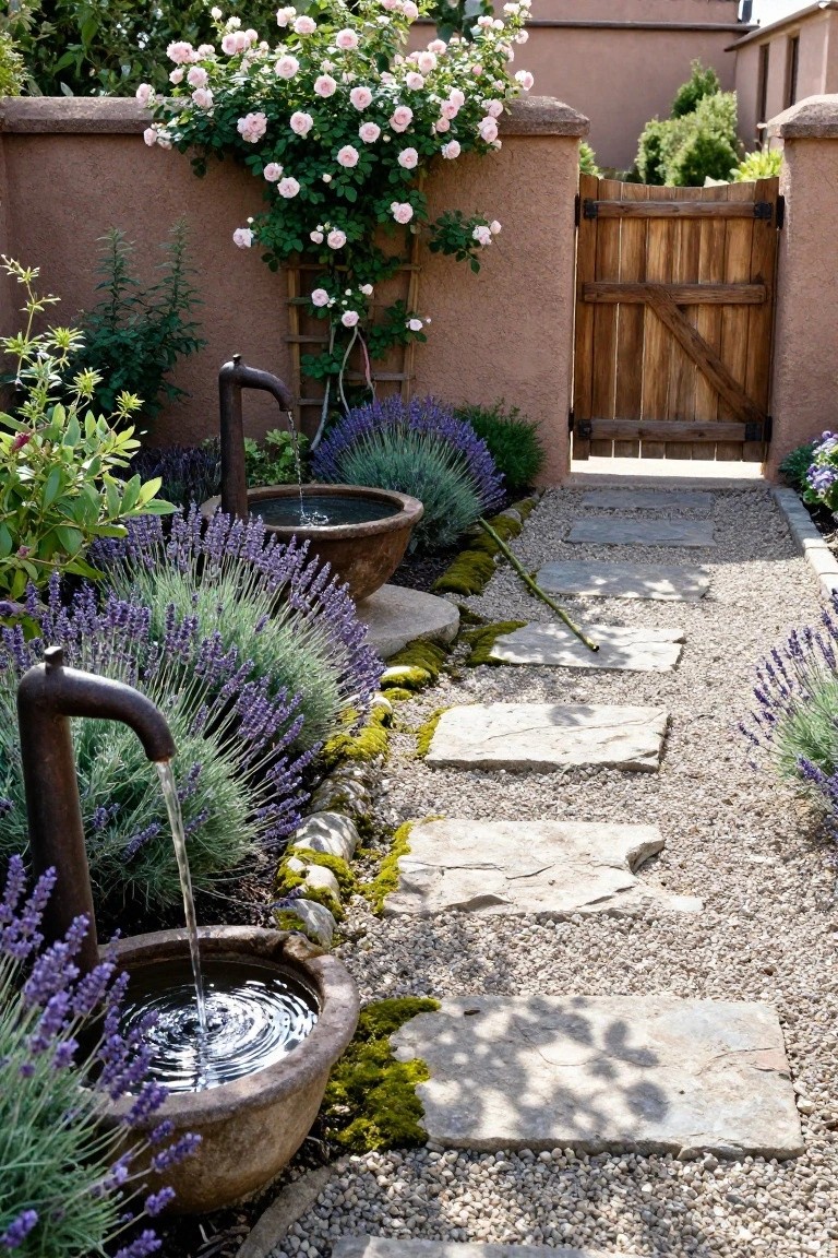 Gravel garden path with irregular stone stepping stones edged by lavender plants and two terracotta pots with bronze faucets pouring water, leading past mossy borders to a wooden gate in a stucco wall covered in pink climbing roses.