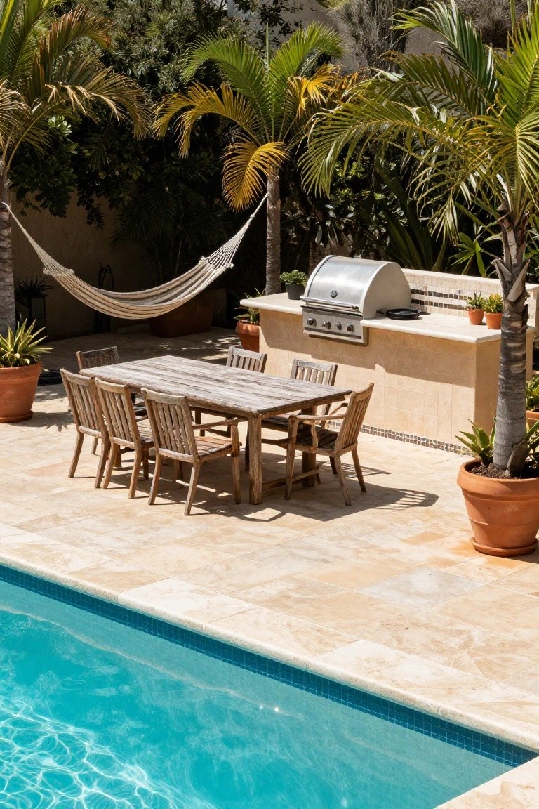 Overhead view of a poolside travertine patio with a large rectangular weathered wooden dining table surrounded by matching chairs, a built-in stainless steel grill on a stucco counter, a white hammock between palm trees, potted plants, and turquoise pool water.