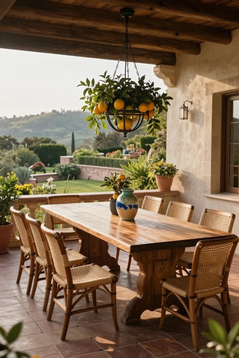 Covered hacienda-style terrace with large wooden trestle dining table, rattan chairs, blue vase with flowers, hanging lantern filled with oranges, potted plants, and distant hillside view.