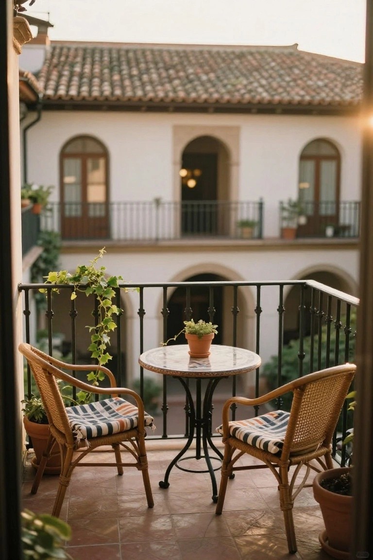 A small round marble-topped table with two wicker armchairs on a terracotta-tiled balcony, overlooking a hacienda courtyard with white arched walls, plants, and iron railings.