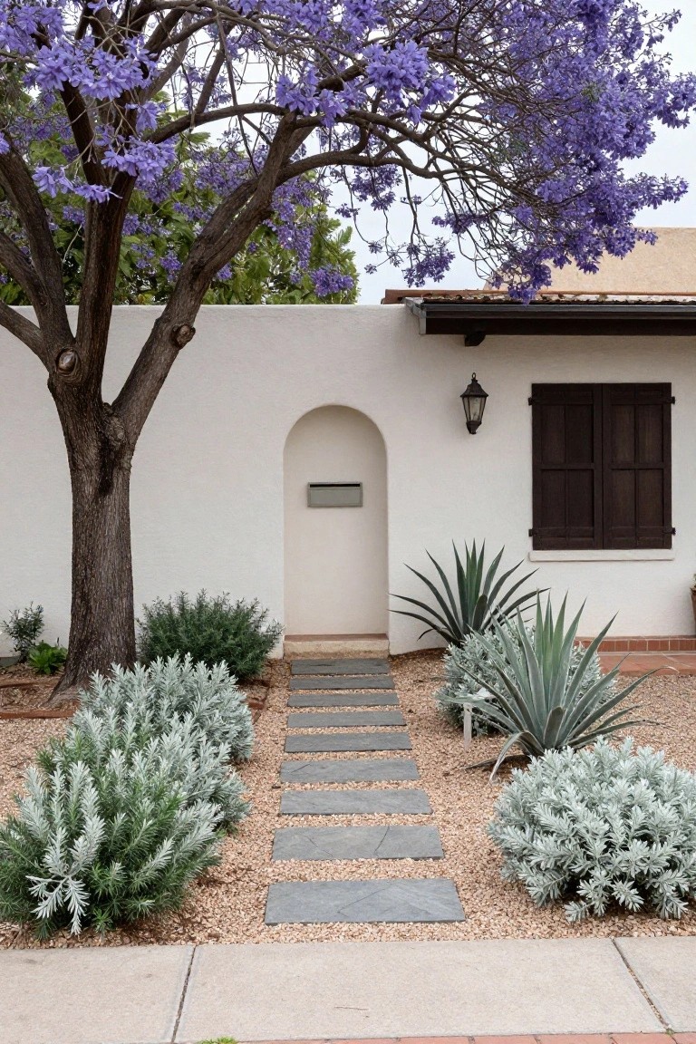 White stucco hacienda exterior with arched doorway and wooden shutters next to a large purple-flowering jacaranda tree, featuring a stone stepping path through a gravel garden planted with agave and silver-leafed shrubs.