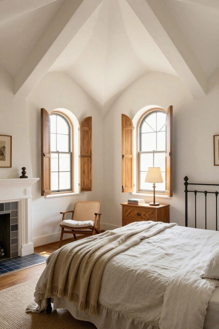 Bedroom interior with high white vaulted ceiling, two arched windows with open wooden shutters, white brick fireplace, rattan chair, wooden nightstand, iron bed with beige linens, seagrass rug, and hardwood floors.