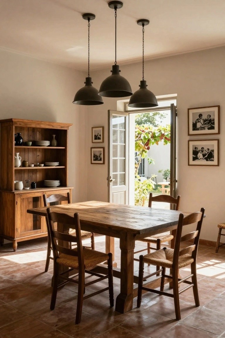Sunlit hacienda-style kitchen dining area featuring a large rectangular wooden table with rush-seated chairs, wooden armoire with ceramics, three black pendant lights, and open French doors to a garden with vines.