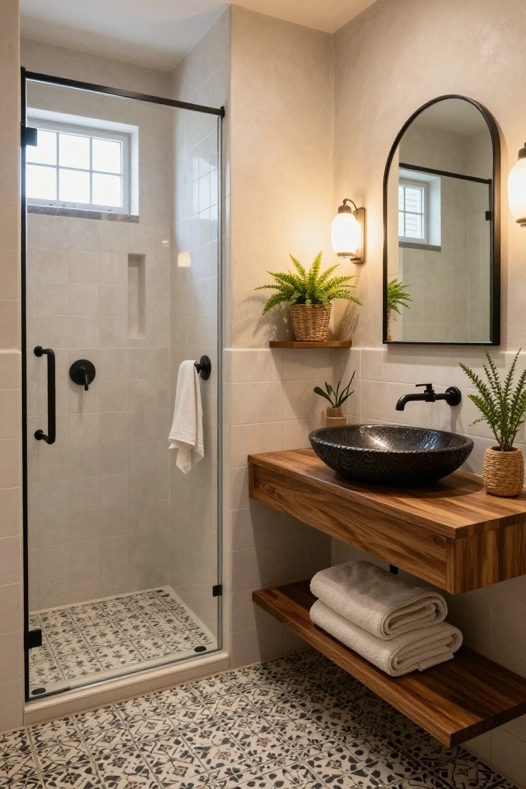 A compact bathroom with a glass shower enclosure on white tiled walls, wooden floating vanity holding a black vessel sink, potted plants, towels on shelves, and patterned tile floor.