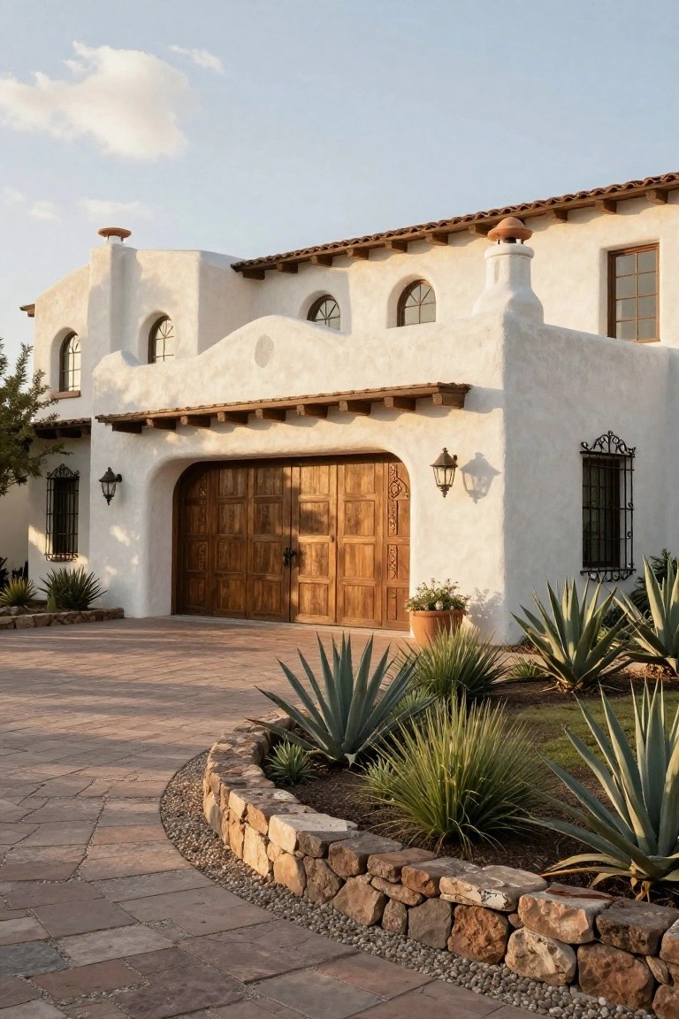 White stucco hacienda-style house exterior featuring a large arched wooden garage door, wrought iron grilles on arched windows, wall lanterns, terracotta roof tiles, and agave plants along a curved paver driveway edged in stone.