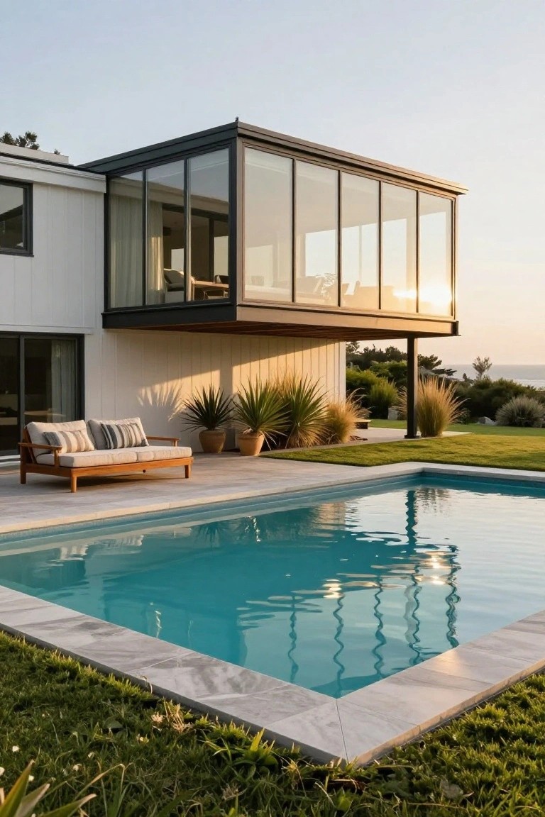 White-sided modern coastal house with black-framed cantilevered glass upper level overhanging turquoise pool and teak daybed on gray tile deck, grasses and palms around, ocean view at sunset.