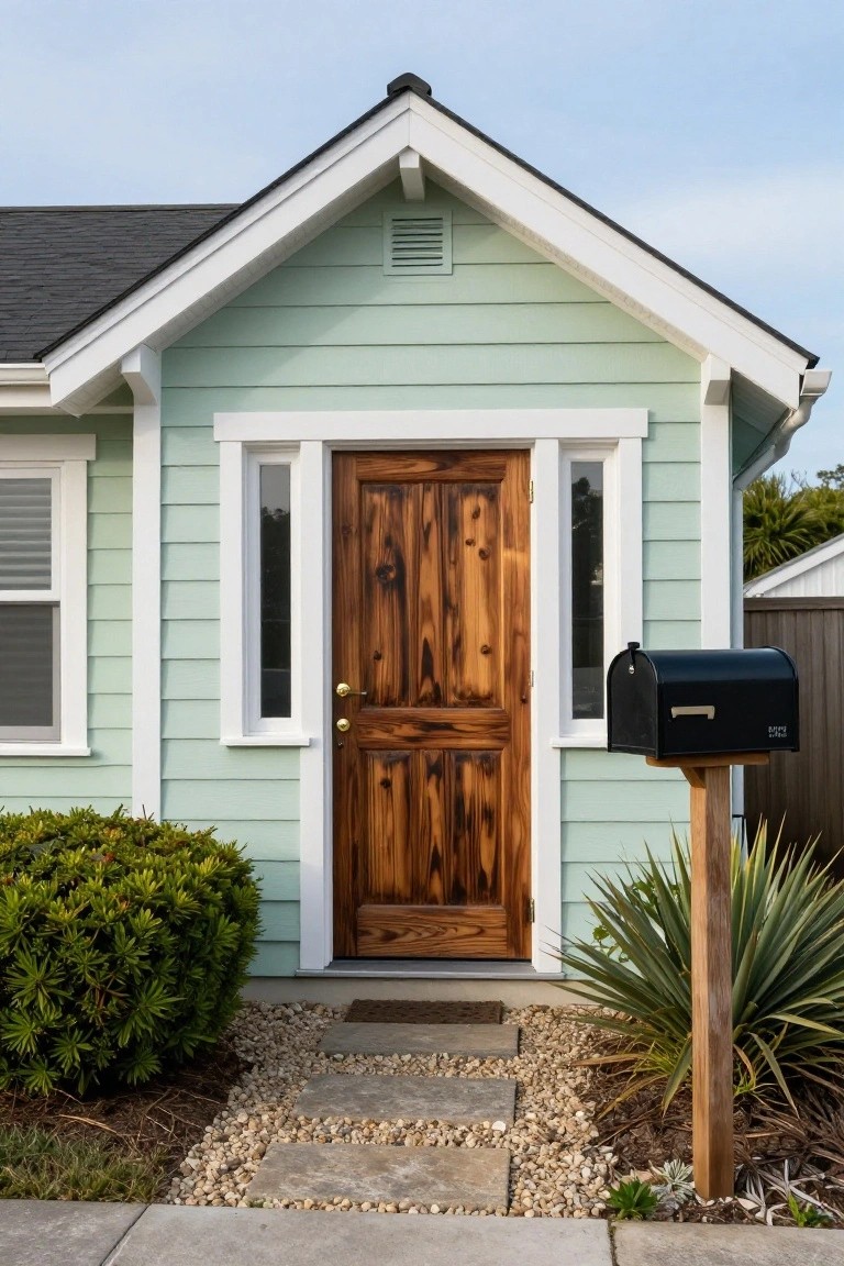 Mint green house exterior with white trim, dark charred wood double front door and sidelight window, flanked by shrubs, gravel path, stone steps, and black mailbox on wooden post.