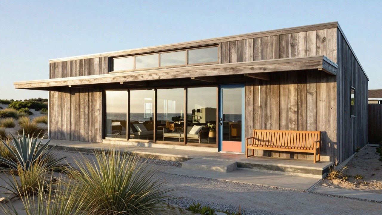 Weathered vertical wood-clad gabled house with covered porch, wooden bench, blue front door, large glass entry windows overlooking ocean, and dune grasses in foreground.