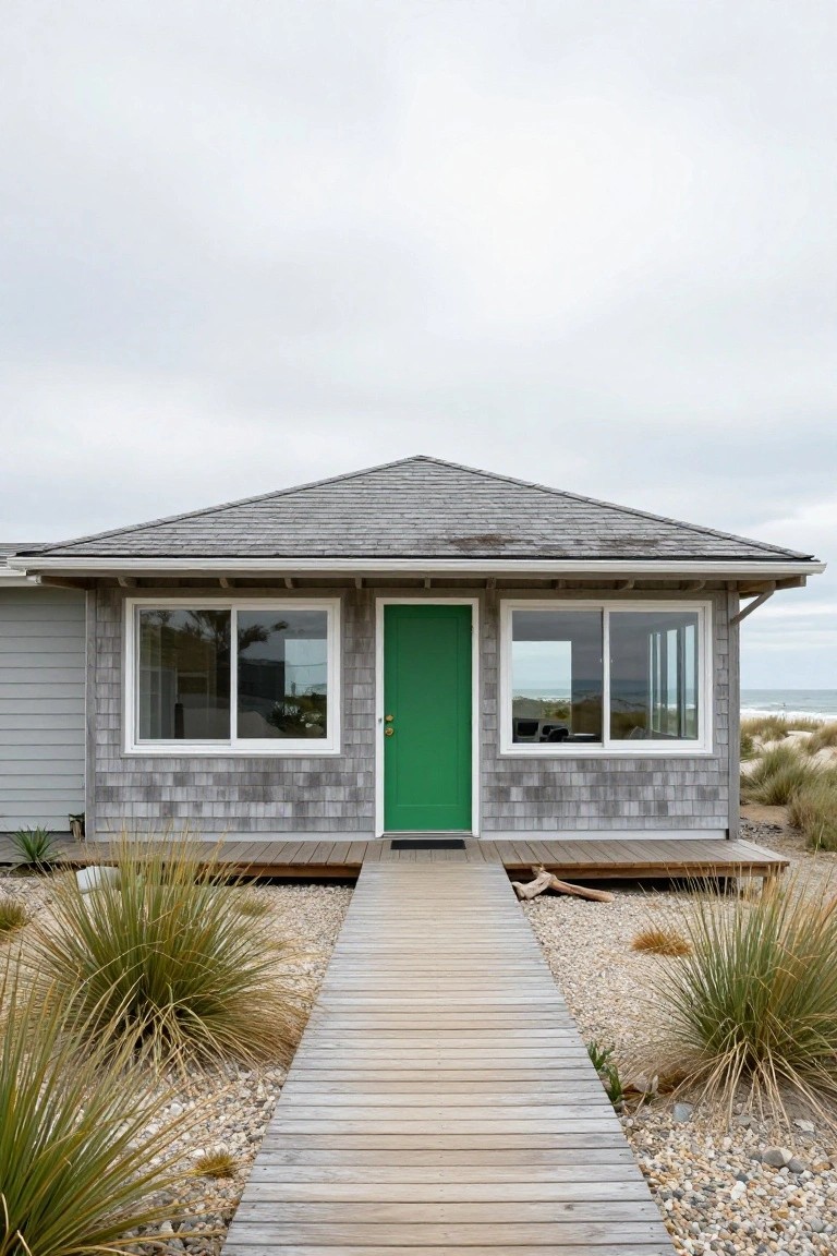 Gray shingle-clad coastal house with a bright green front door centered between large windows, a wooden boardwalk path leading to the entry through grasses and pebbles, ocean and dunes in the background.