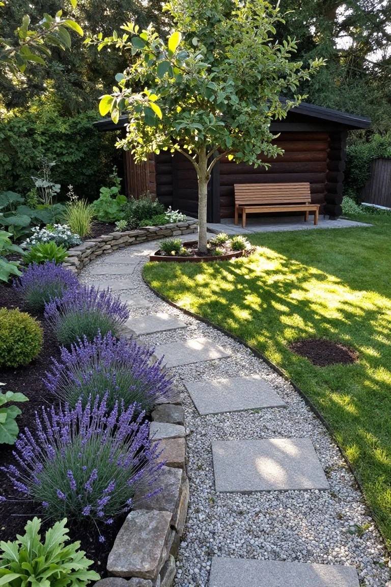 Curved flagstone pathway bordered by lavender plants, stone walls, and gravel leading through a lawn to a small log cabin shed with a wooden bench.
