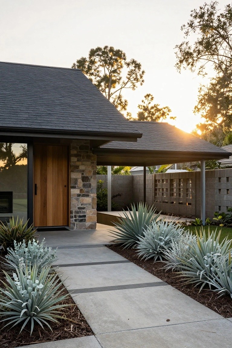 Exterior of a one-story house with dark sloped roof, stone-clad entry wall, tall wooden front door beside a narrow glass panel, concrete pathway lined with agave plants, and a metal carport structure beside a block wall.