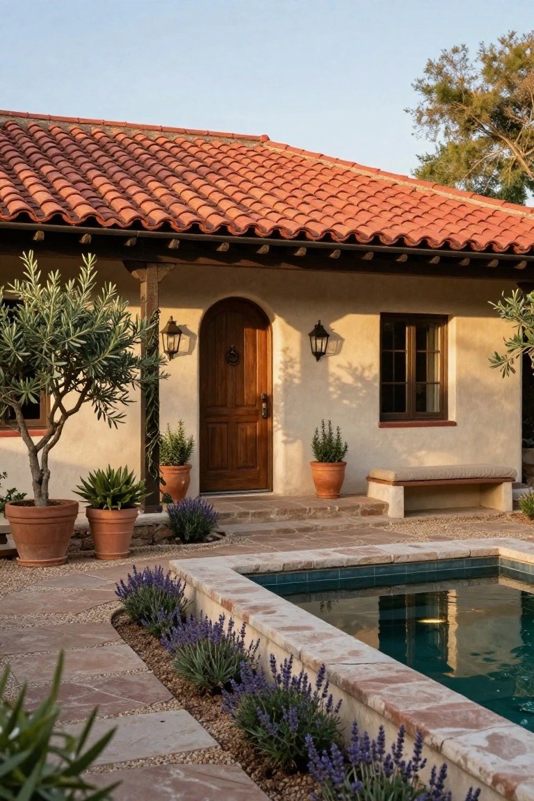 Beige stucco house exterior with red tile roof, arched wooden entry door lit by two lanterns, olive trees in pots, agave plants, lavender border, bench, and small turquoise pool with stone edging.