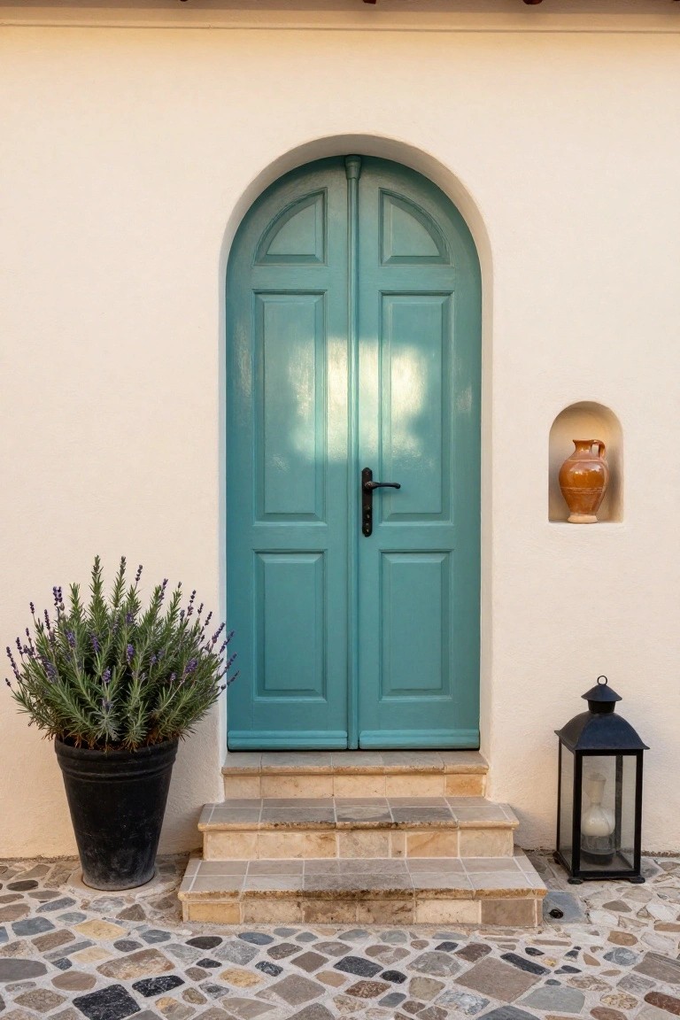 Turquoise arched double doors with potted lavender, lantern, and clay pot niche.