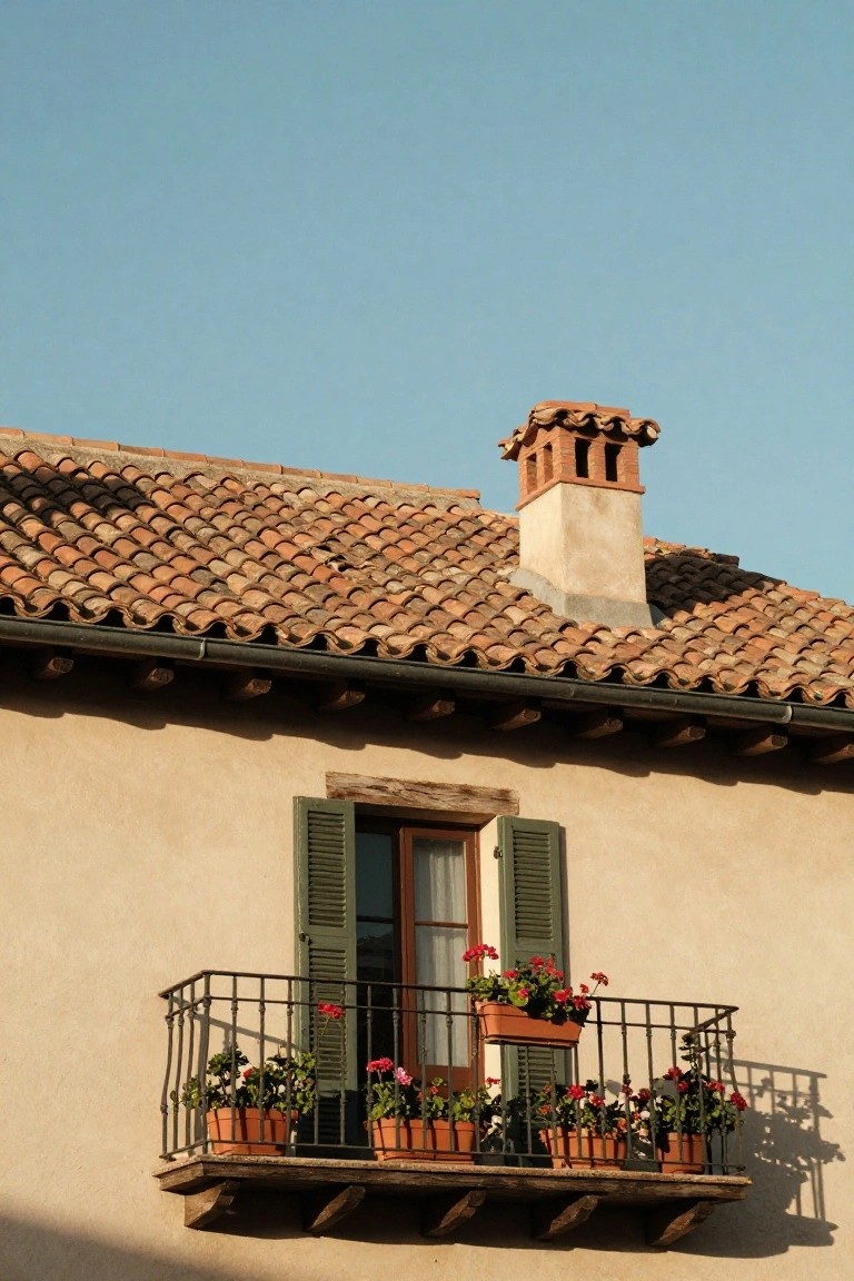 Beige stucco house wall with green shutters on a window, wrought-iron balcony holding several terracotta pots overflowing with red geraniums, terracotta tile roof and chimney above, against a blue sky.