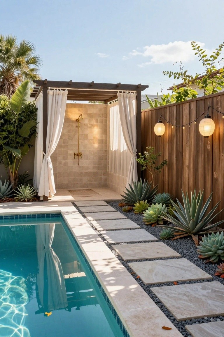 Outdoor shower with gold fixture and beige tile walls enclosed by white curtains on a wooden pergola beside a turquoise pool edged in stone pavers, with succulents and a wooden fence nearby.