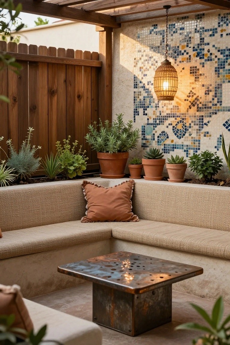Outdoor corner seating nook with beige built-in L-shaped bench cushions and orange pillows, rusted metal low table, assorted potted plants, blue tiled wall with hanging lantern, wooden pergola overhead, and wooden fence enclosure.