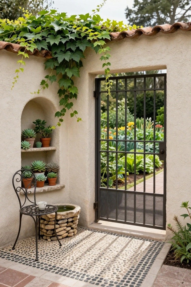 Stucco wall with ivy, arched niche displaying potted succulents, black wrought iron gate open to garden, black metal chair with teacup on table beside stone basin, pebble and tile patio.