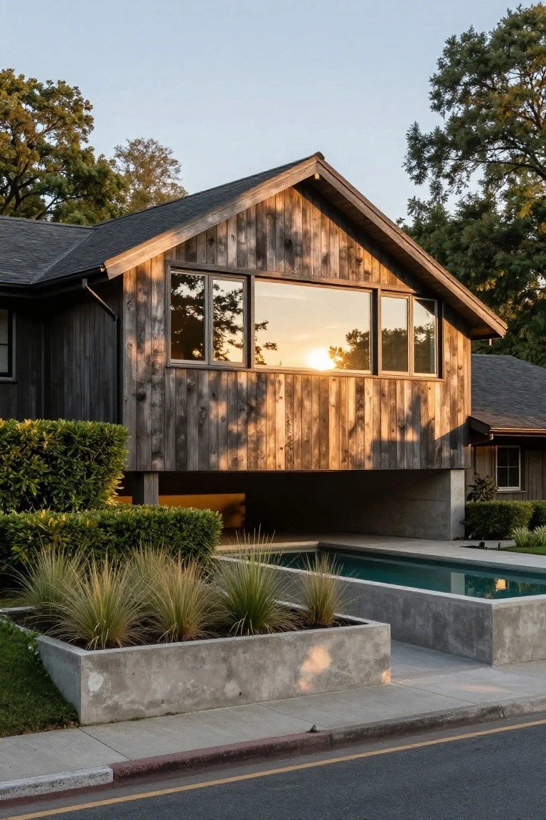 Wood-clad house exterior with steeply pitched gabled roof elevated on concrete posts, large triple windows on the upper facade, infinity-edge pool below, hedges and grasses in front, and street edge at dusk.