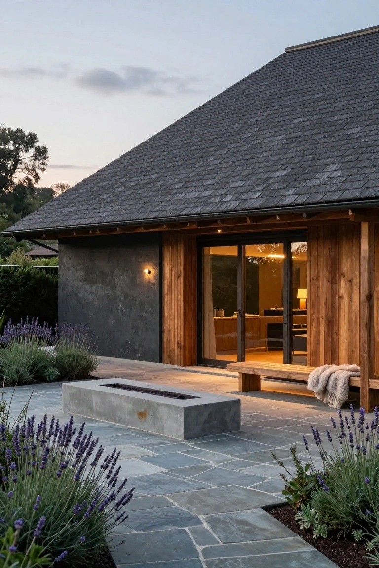 Exterior side view of a house with a steep dark-shingled gable roof, gray stucco and cedar walls, sliding glass doors to a stone patio featuring a linear concrete fire pit, wooden bench with blanket, and lavender plantings.