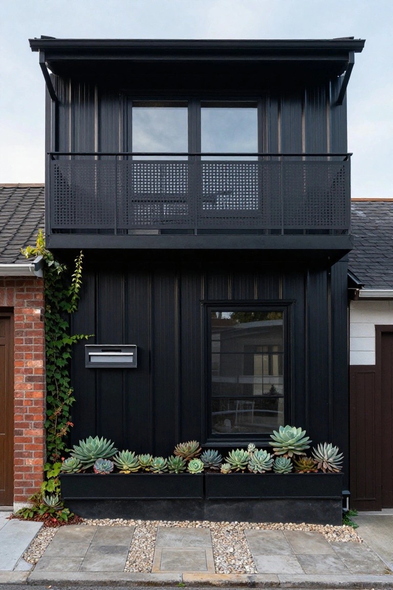 A narrow two-story house clad in black corrugated metal panels with a second-floor balcony, large windows, climbing ivy on one side, a metal mailbox, and succulent plants in black planters at the base, next to a brick garage on a street with stone pavers and pebbles.