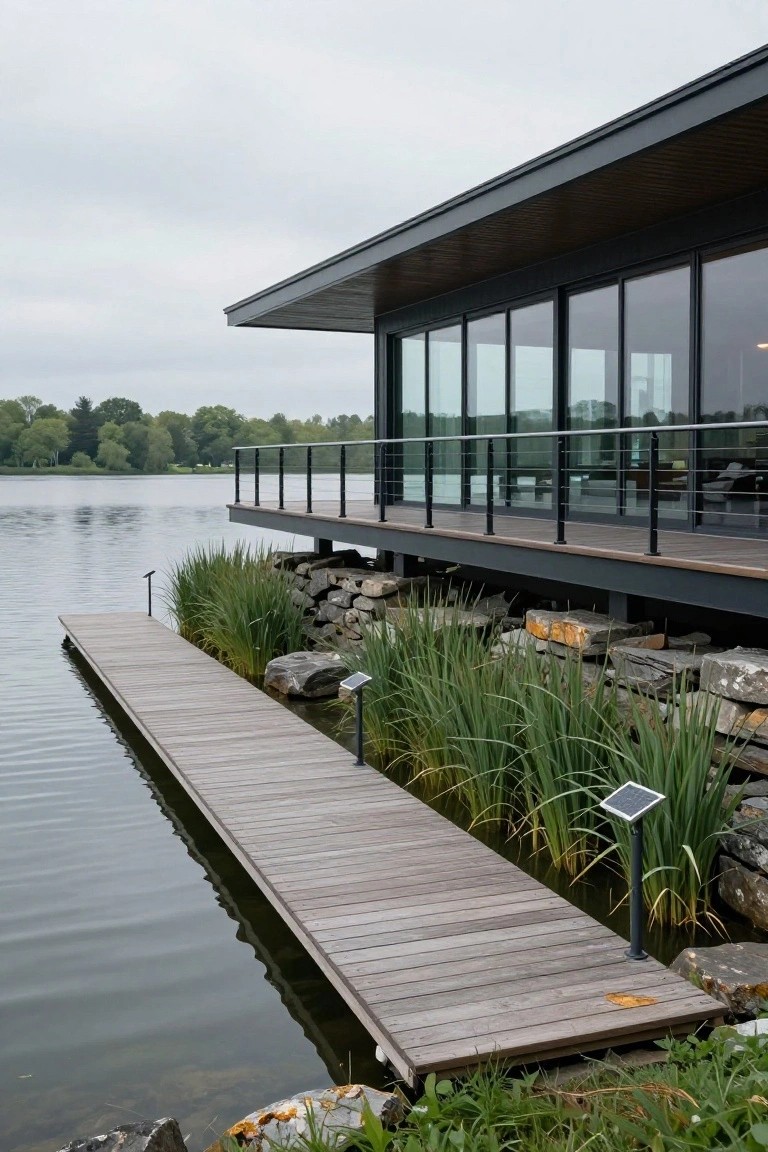 Modern house with dark metal framing and extensive glass walls above a cantilevered wooden deck and pier dock extending over a lake, with reeds, stone walls, and solar lights along the edge.