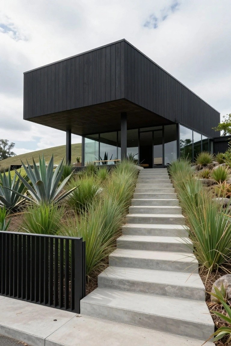 Black wood-clad modern house elevated on thin pillars above a grassy slope, accessed by wide concrete stairs flanked by agave plants and grasses.