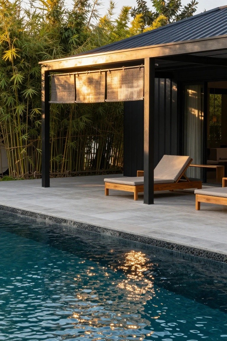 Black metal pergola with bamboo screens shading two wooden lounge chairs on a tiled pool deck, surrounded by bamboo plants and next to a dark-sided house and infinity-edge pool.