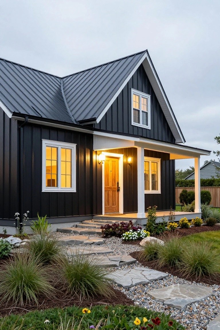 Front exterior view of a small gabled house with black corrugated metal siding and roof, white trim on windows and porch, wooden front door lit by wall lamps, stone pathway through gravel and low plantings in the yard.