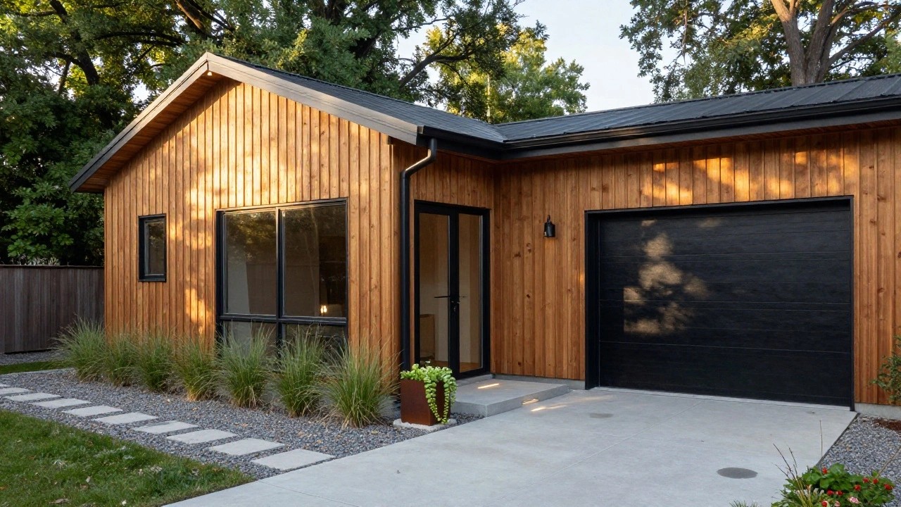 Side view of a modern rectangular house with light-toned vertical wood cladding on the upper facade, dark metal siding on the lower section, large dark-framed glass sliding doors, concrete pathway, gravel ground cover, and clusters of tall ornamental grasses nearby.