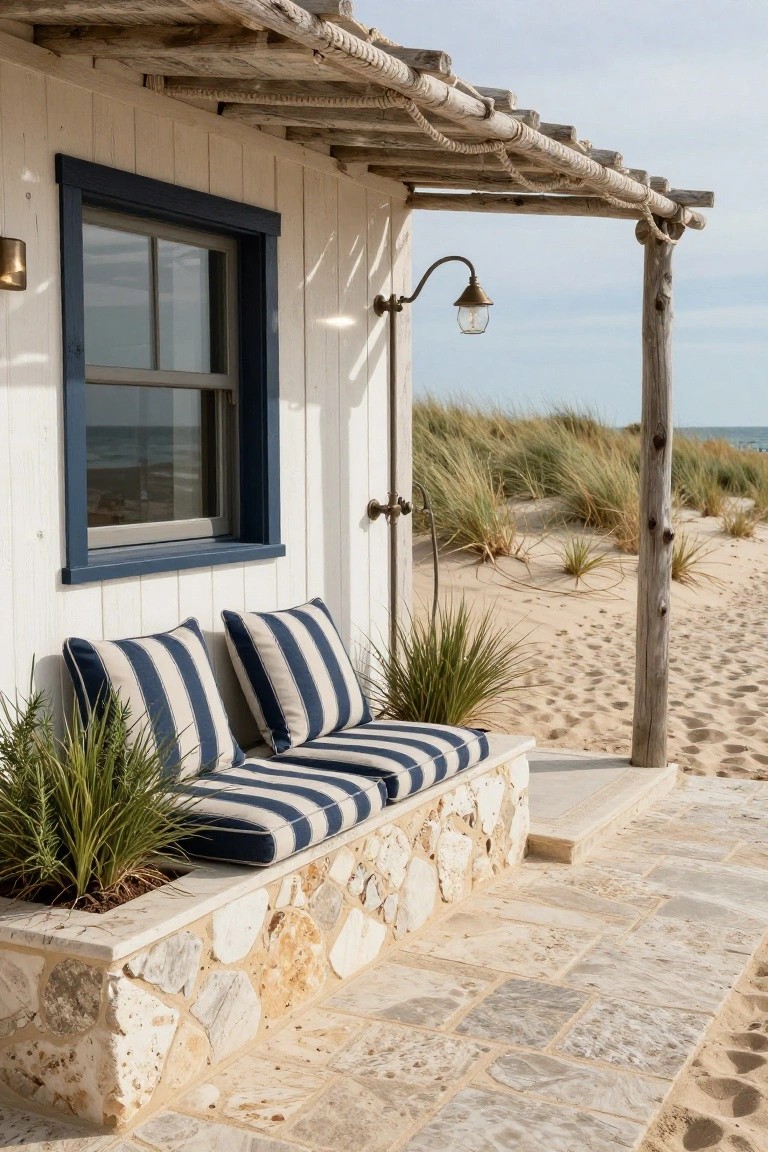 White wooden outdoor structure with blue window frames and pergola roof, featuring a stone-based bench with navy-and-white striped cushions, potted plants, outdoor shower fixture, and adjacent sandy dunes leading to the sea.