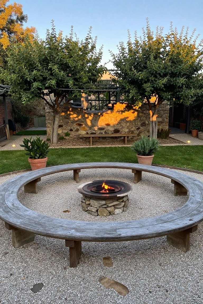 Circular weathered wooden bench surrounds a lit stone fire pit in a gravel area, with stone walls, potted plants, grass, and trees nearby.