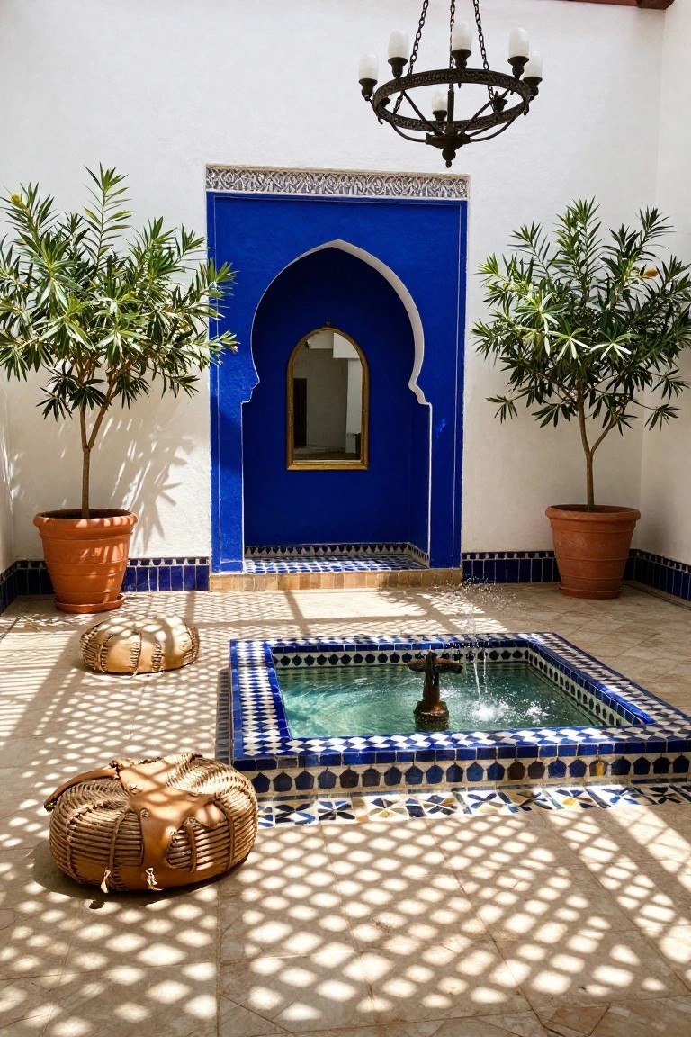 White courtyard with central turquoise-tiled fountain pool, water spraying from a bronze sculpture, potted palm trees on sides, woven leather poufs on tiled floor, blue arched doorway, and hanging lantern overhead.