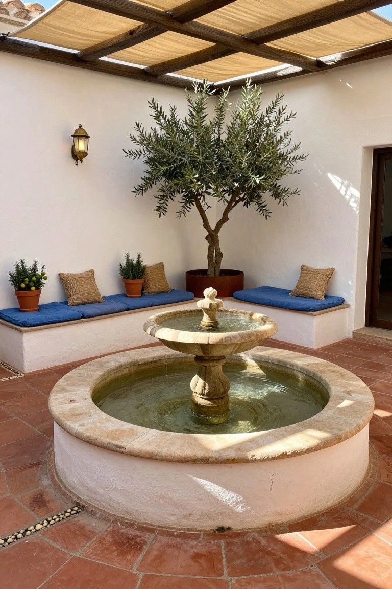 White-washed courtyard with central circular stone fountain, built-in blue cushioned benches along walls, potted plants, olive tree, terracotta tile floor, and beige fabric shade over wooden beams.