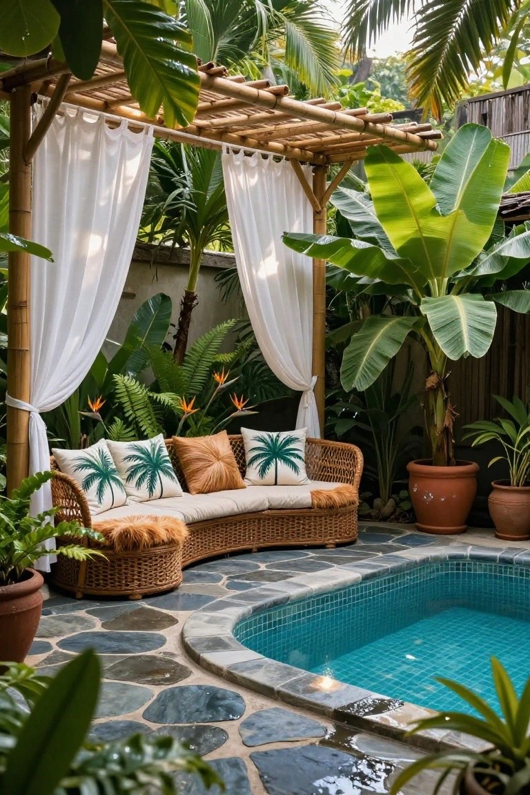 Lush tropical courtyard with small turquoise-tiled pool, curved rattan sofa with palm and orange cushions under open bamboo pergola draped in white sheer curtains, surrounded by large green plants, palms, and potted ferns on pebble stone paving.