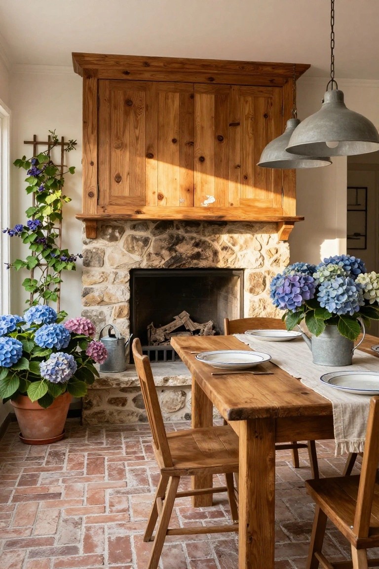 Dining area featuring a wooden table and chairs positioned next to a stone fireplace with wooden upper cabinet, blue hydrangeas in pots and metal bucket on the table, and terracotta brick flooring.