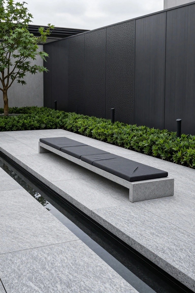 Long gray stone bench with black cushioned sections positioned parallel to a narrow water channel on a stone patio, enclosed by dark textured walls, green boxwood hedges, and a small tree.