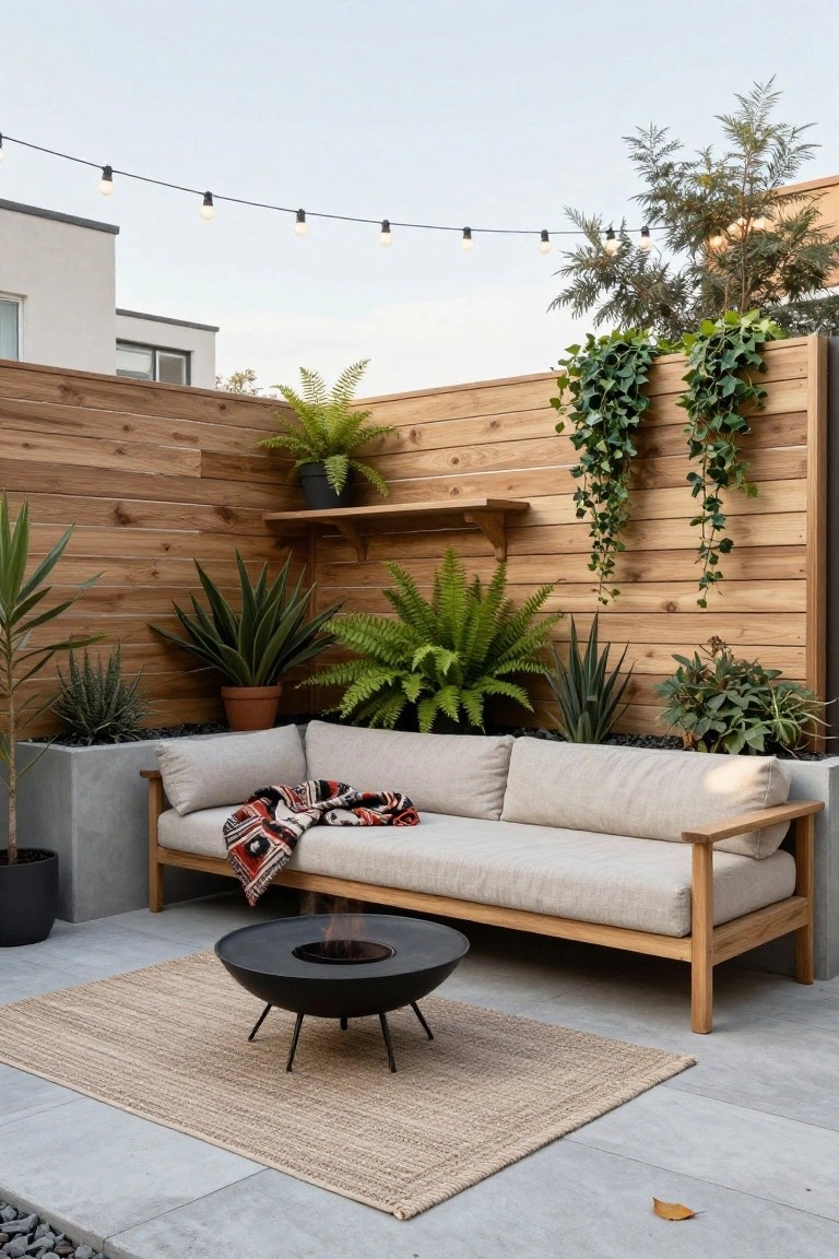 Light wooden slatted fences enclose a courtyard corner with potted agaves, ferns, and ivy, a beige L-shaped outdoor sofa, a black bowl-shaped fire pit on a seagrass rug, and string lights overhead against a tiled patio.
