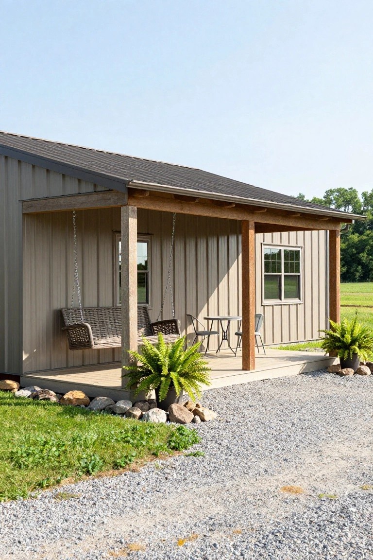 Gray metal-sided house with wooden post covered porch, two hanging rattan swings, small metal table with two chairs, potted ferns, rocks, and gravel driveway.