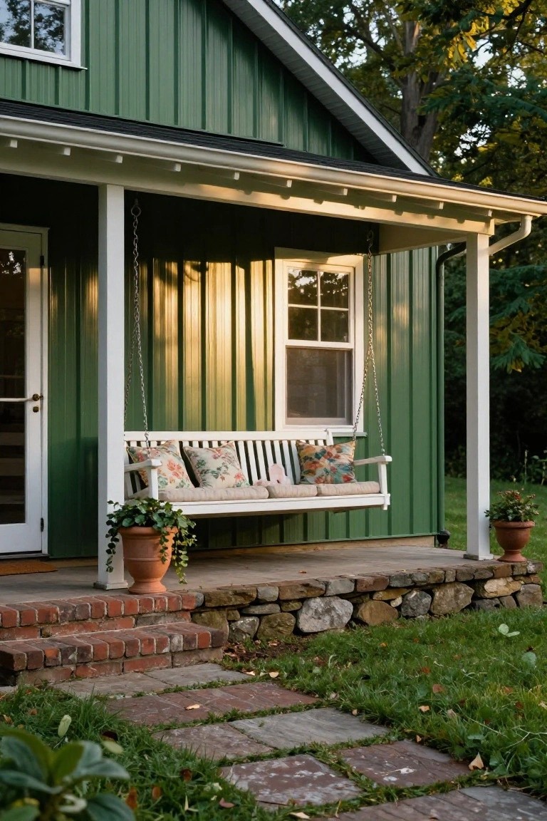 Green corrugated metal house exterior with white wrap-around porch, hanging wooden swing bench with pillows, potted plants, brick steps, stone foundation wall, and brick path in a grassy yard.