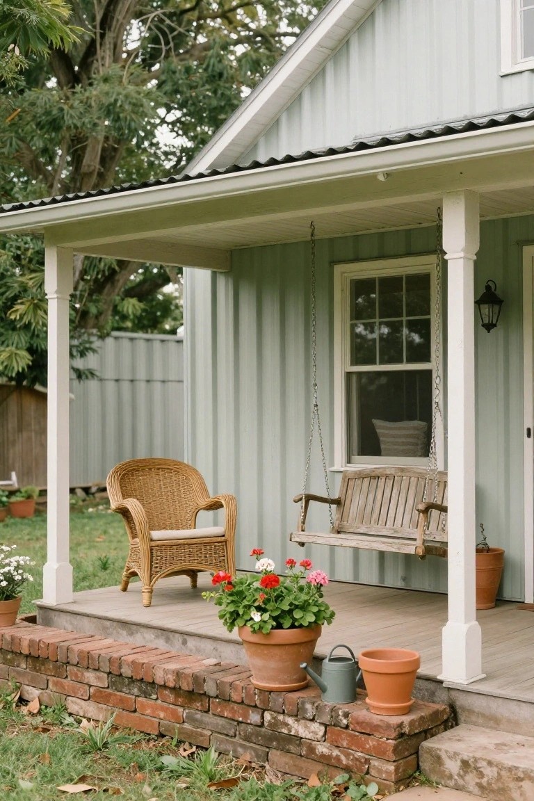 Light green corrugated metal house exterior with wraparound porch, wooden hanging swing with cushion, wicker armchair, potted plants, watering can, and white-framed door and window.