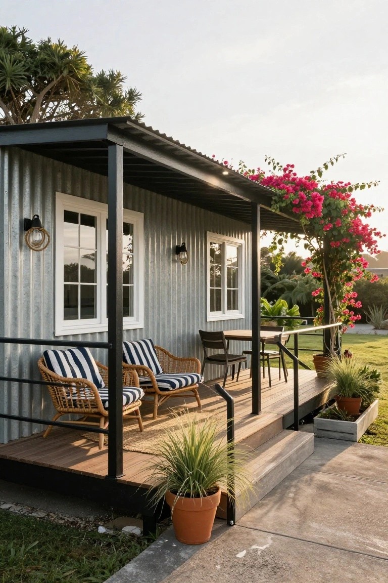 Gray corrugated metal house with white-framed windows, black metal porch structure, wooden deck furnished with rattan chairs, striped cushions, small table, potted plants, climbing pink bougainvillea, and tropical landscaping in a sunny outdoor setting.