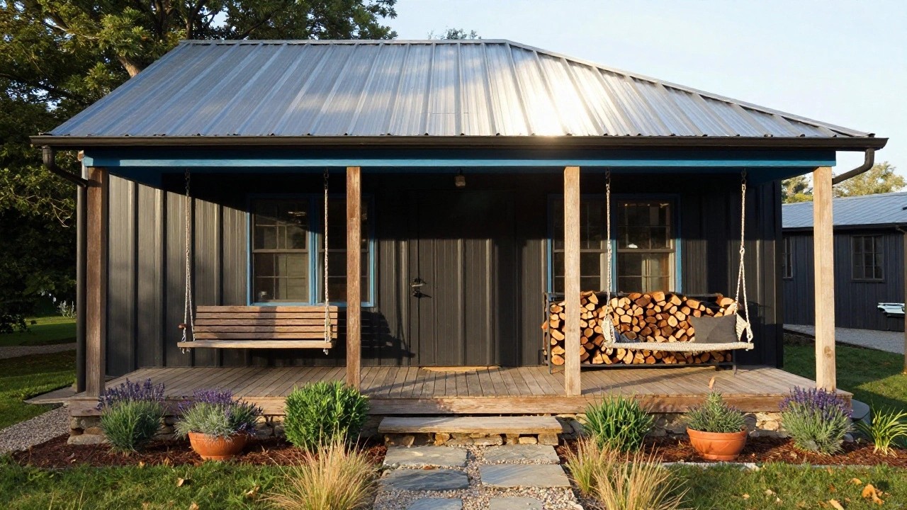 Small cabin with black vertical siding, blue corrugated metal roof, covered wraparound wooden porch with hanging swing, potted lavender plants, ornamental grasses, gravel area, and stone steps.