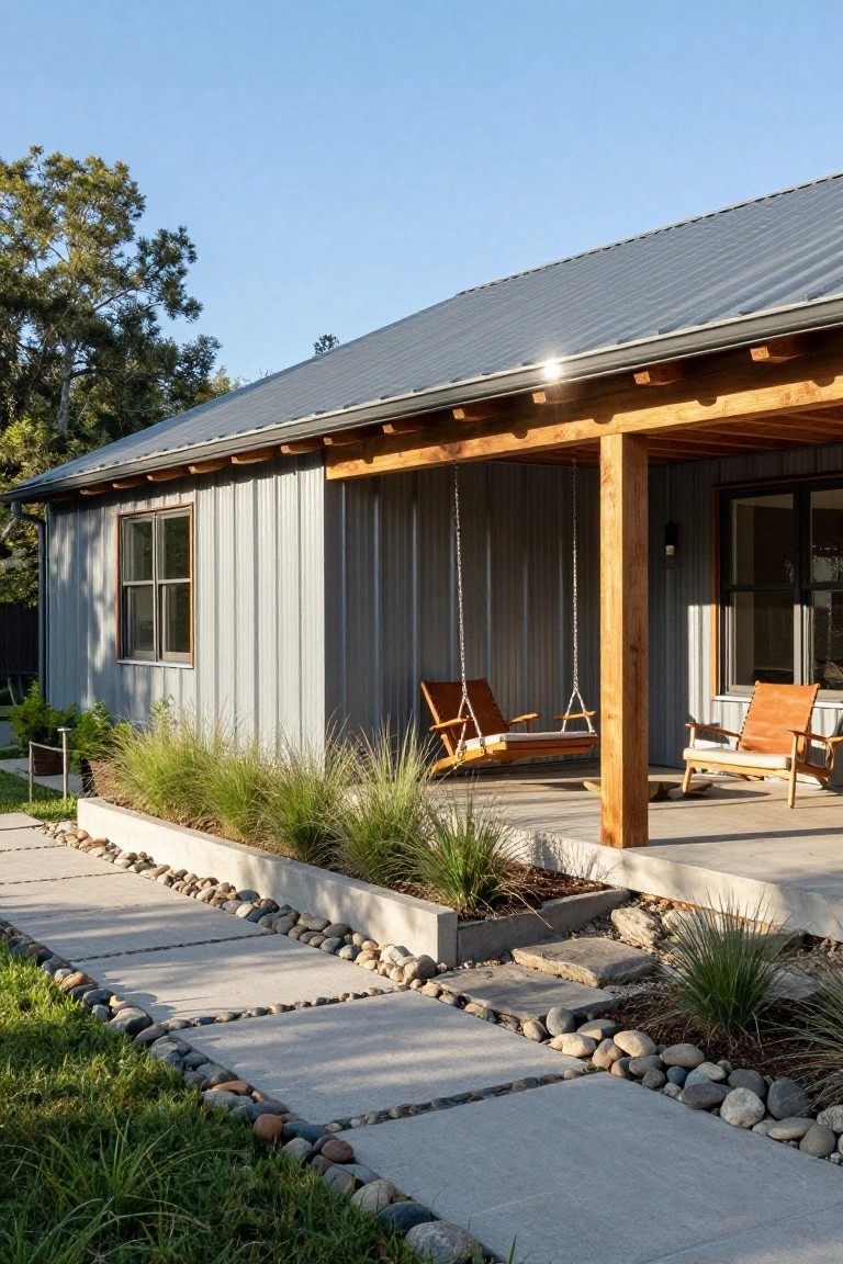 Side view of a single-story house with gray corrugated metal siding and a covered porch supported by wooden beams and posts, featuring a hanging wooden swing with cushions and two leather lounge chairs, a concrete pathway edged with pebbles and grasses leading up to the porch, trees and lawn in the foreground under a clear blue sky.