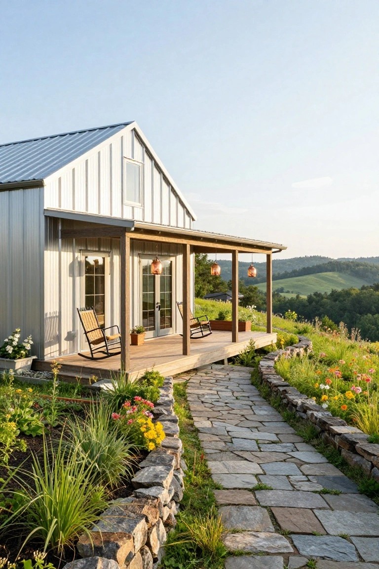 Gray corrugated metal-sided gabled house with wooden wrap-around porch, two rocking chairs, hanging copper lanterns, potted plants, stone pathway with flower beds and grasses beside it, and green rolling hills in the background.