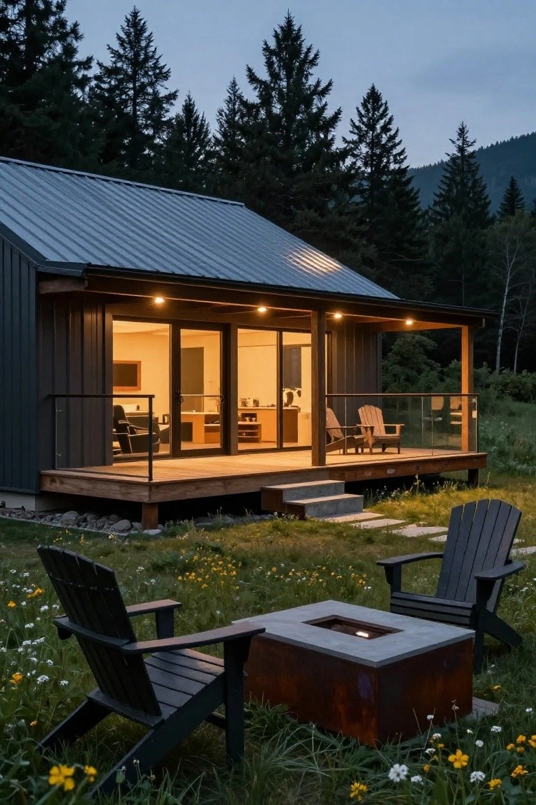 Dark-sided cabin with standing seam metal roof and large glass sliding doors opening onto a wooden deck porch with Adirondack chairs around a rectangular fire pit, set amid wildflowers and conifer forest at dusk.