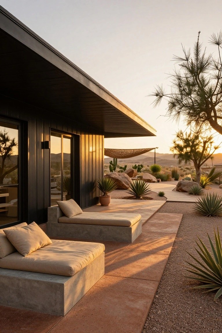 Exterior of a black metal house with large glass sliding doors beside two low rectangular concrete benches topped with beige cushions on a gravel and stone terrace surrounded by desert plants and rocks at sunset.