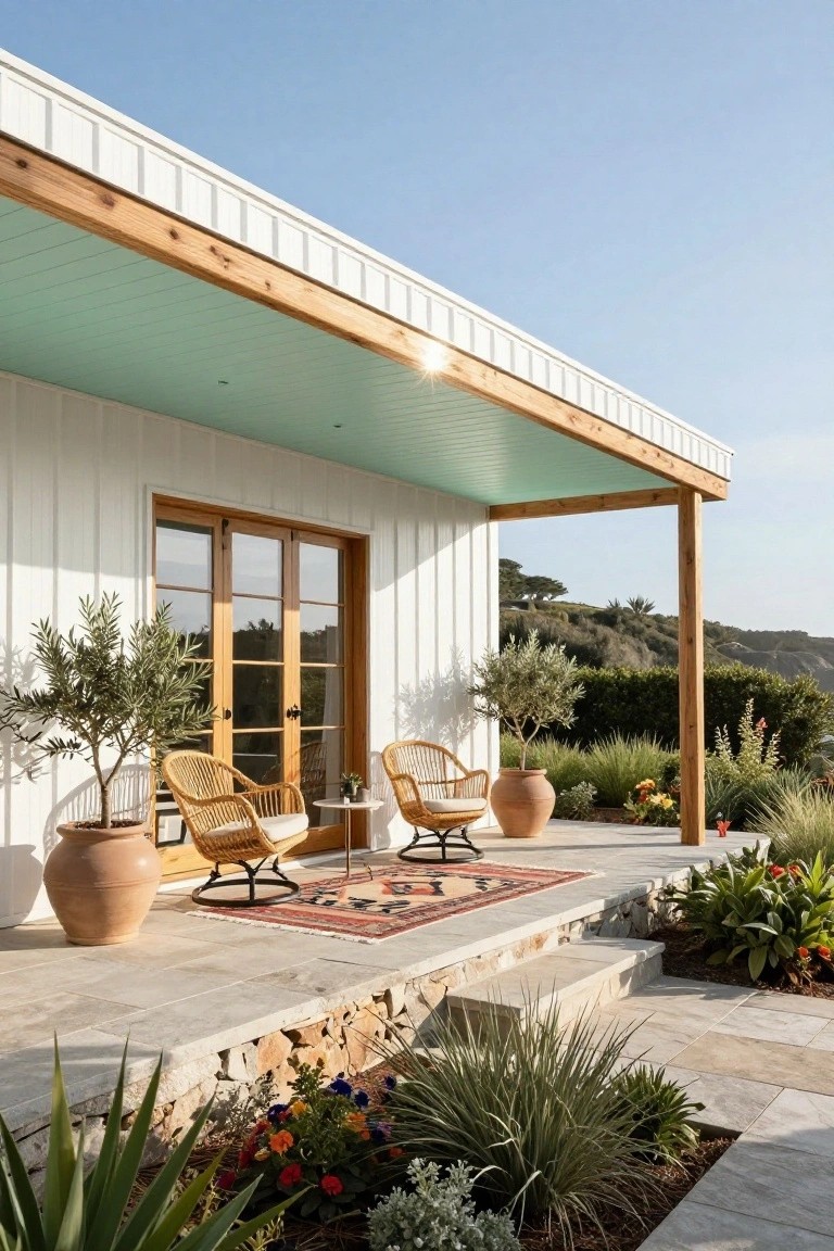 White board-and-batten house exterior with teal porch ceiling and wood beams, featuring two rattan chairs around a small table on a patterned rug, flanked by potted olive trees, stone steps, and surrounding drought-tolerant landscaping with hills in the background.